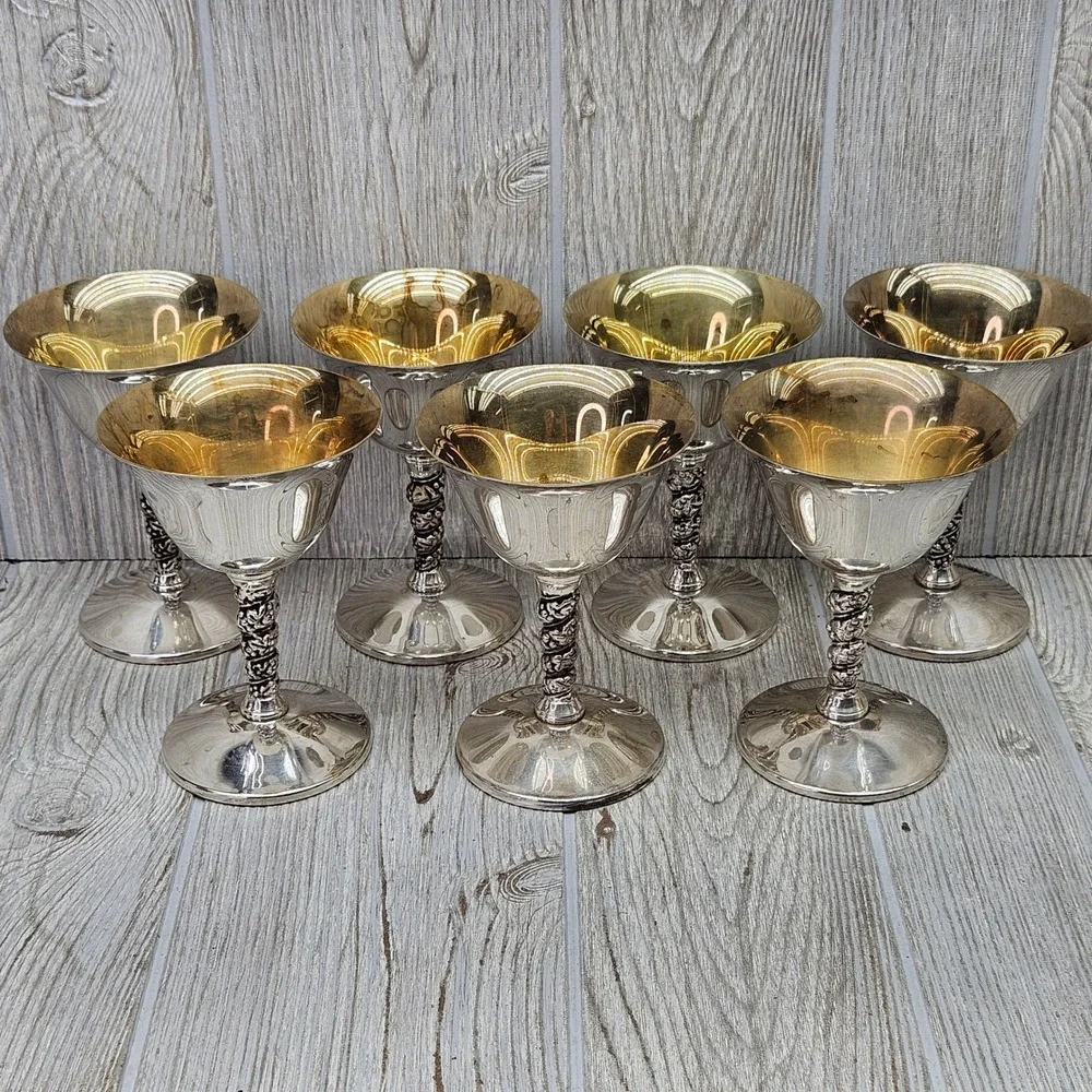 Valero Spain EPB Silver Plated Wine Grape Vine Goblets Set of 7 Chalices VRO2
